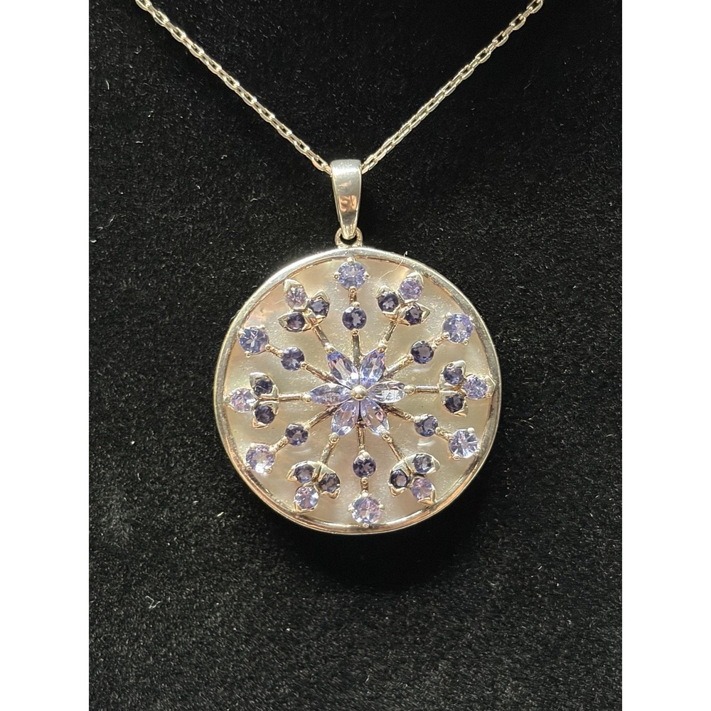 Vintage .925 Sterling Silver Tanzanite Snowflake Mother of Pearl Disk Pendant
